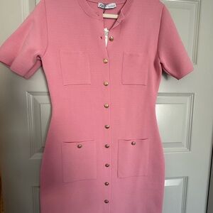 Zara Pink Short-Sleeve Button-Front Knit Dress